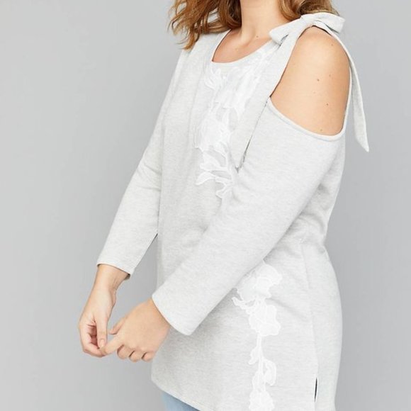 Lane Bryant | Tie Accent Floral Applique Sweatshirt | Gray & White | 14/16 (1X) - Picture 2 of 7